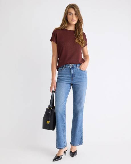 Haut en Tricot Bouclé à Col Rond et Manches Très Courtes