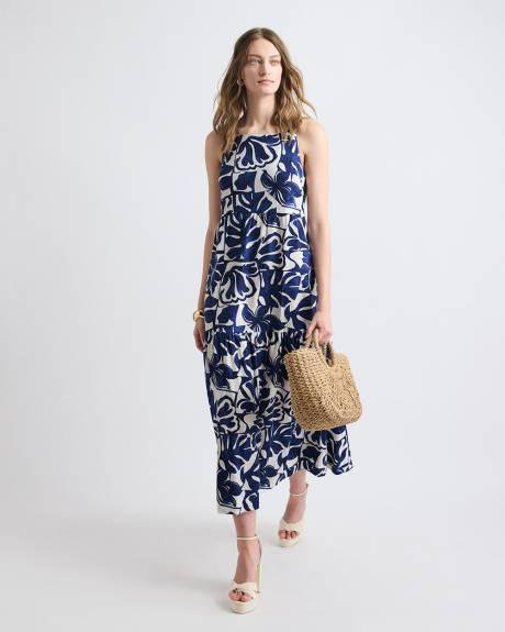 Sleeveless Square-Neck Linen-Blend Straight Maxi Dress