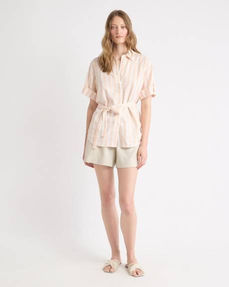 Blouse en Mélange de Lin à Manches Courtes avec Ceinture Amovible