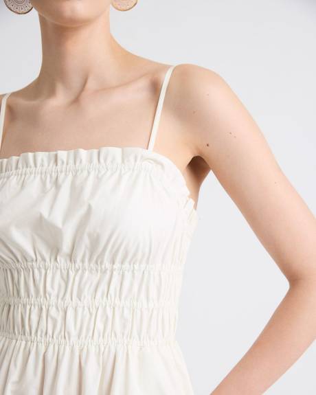 Robe Midi Cintrée et Évasée Sans Manches avec Haut Smocké en Popeline