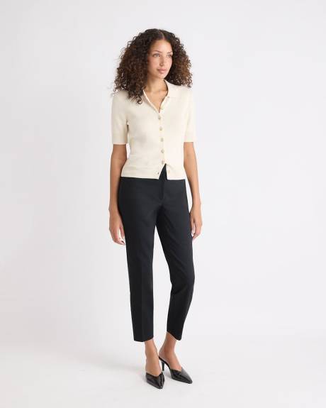 Short Elbow-Sleeve Cardigan with Shirt Collar