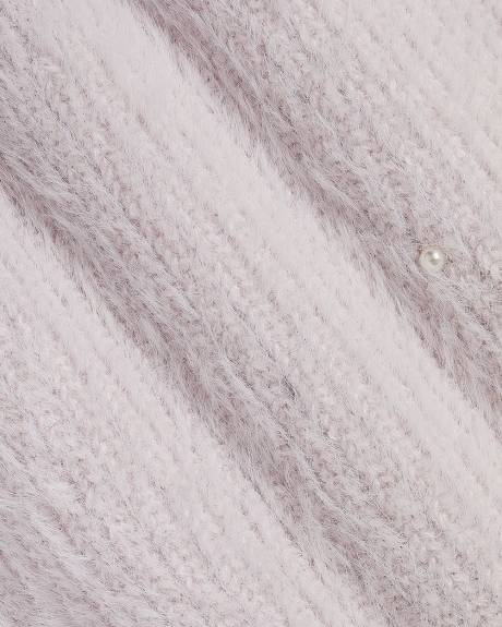 Elbow-Sleeve Mock-Neck Feather-Yarn Pullover with Pearls