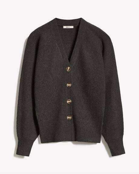 Long-Dolman-Sleeve V-Neck Ribbed Cardigan