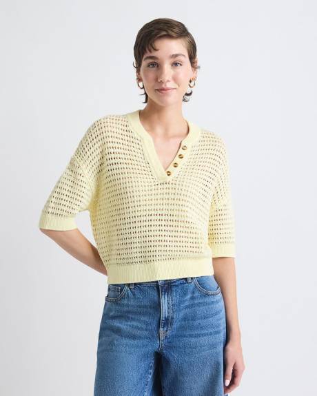 Pull Henley Crocheté à Manches aux Coudes