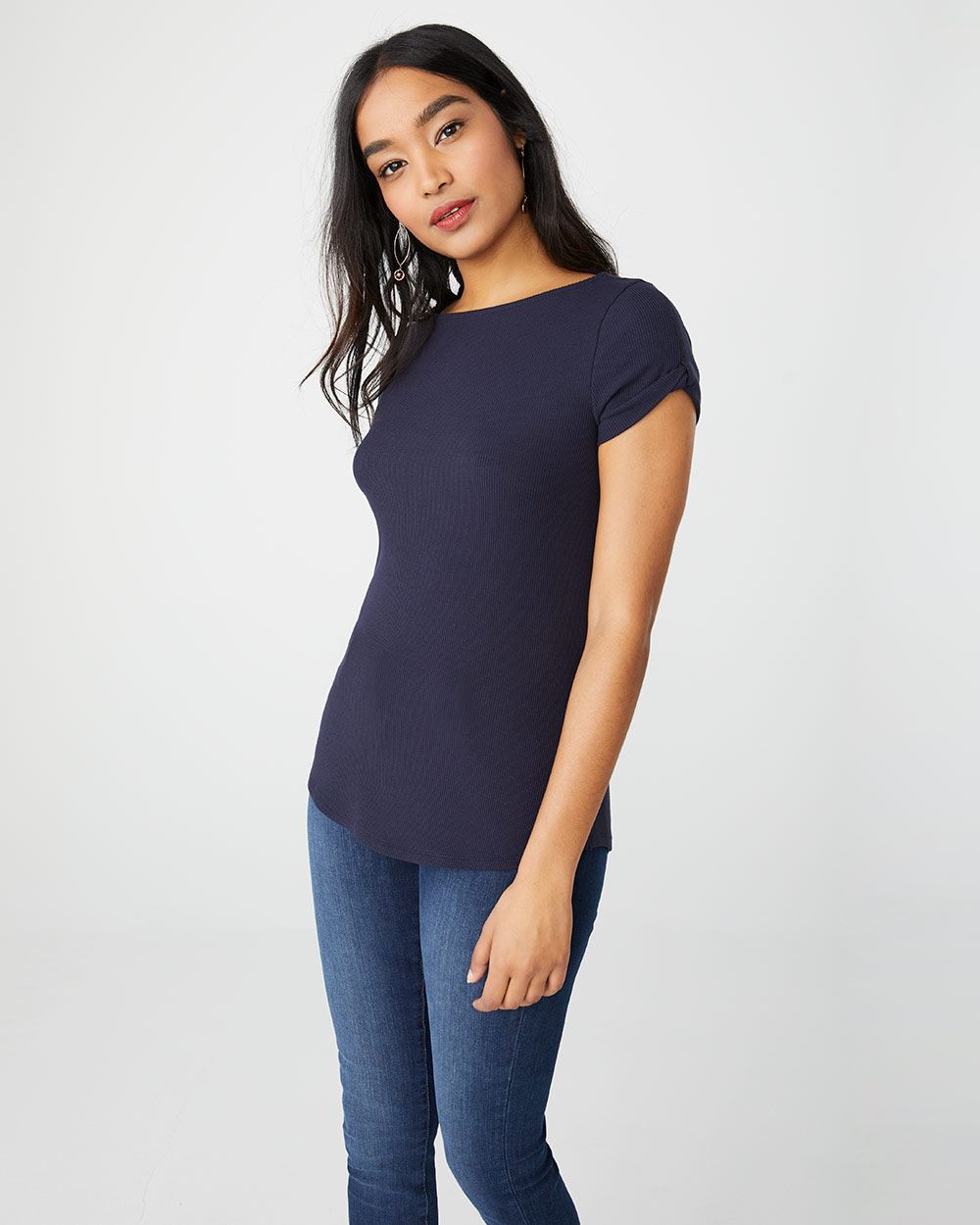 Knotted Sleeve Rib Knit T-Shirt