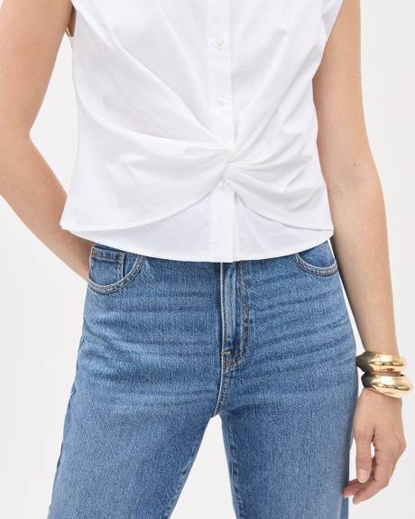 Sleeveless Buttoned-Down White Poplin Blouse with Twisted Detail