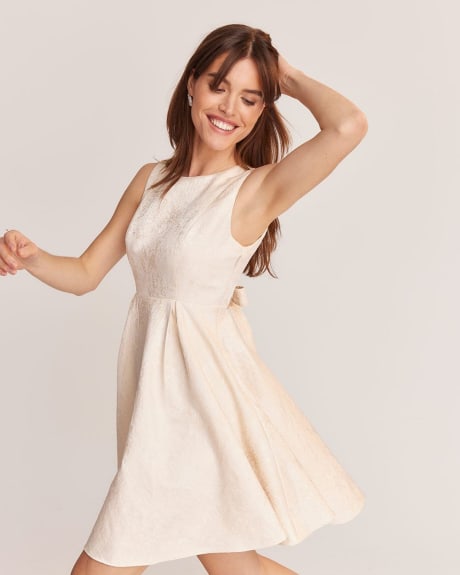 Brocade Sleeveless Fit and Flare Cocktail Dress with Open Back